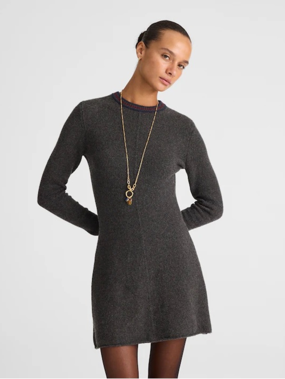 Madewell Sweater Mini Dress long sleeve gray with red blue trim NY262 Sz XS NWT
